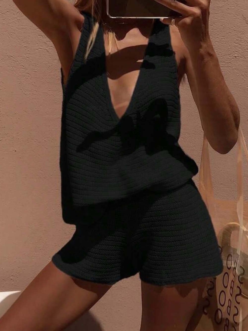 Black Knit V-Neck Tank & Shorts Set
